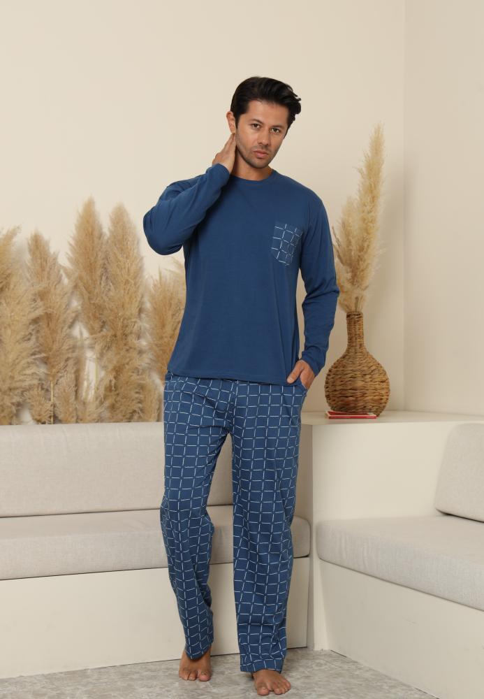 Pijama Barbati ,Maneca si Pantaloni Lungi, Culoare Albastru cu Alb,Engros